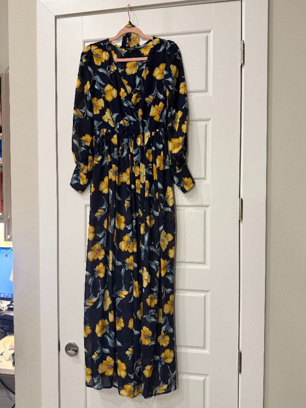 Fashion Nova Navy Mustard Floral Long Sleeve Maxi Dress (Large)